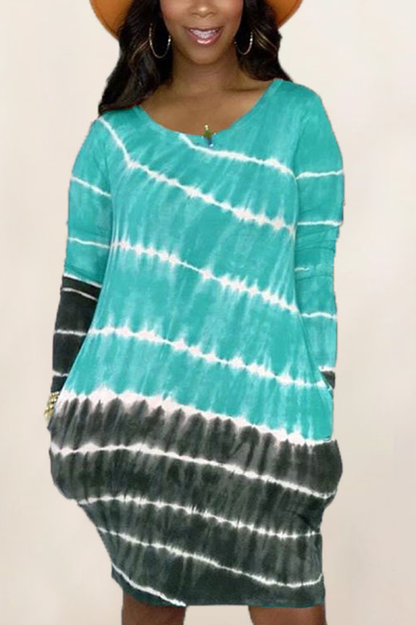 Light Green Street Patchwork Tie-dye O Neck Ball Gown Dresses