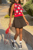 Red knitting O Neck Sleeveless Plaid Patchwork Print Tops