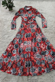 Red Fashion Casual Print Basic Turndown Collar Long Sleeve Dresses