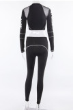 Black Street Print See-through Mesh O Neck Long Sleeve Two Pieces