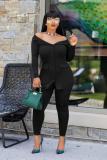 Black Sexy Fashion Solid Button Asymmetrical Pocket Long Sleeve V Neck Rompers