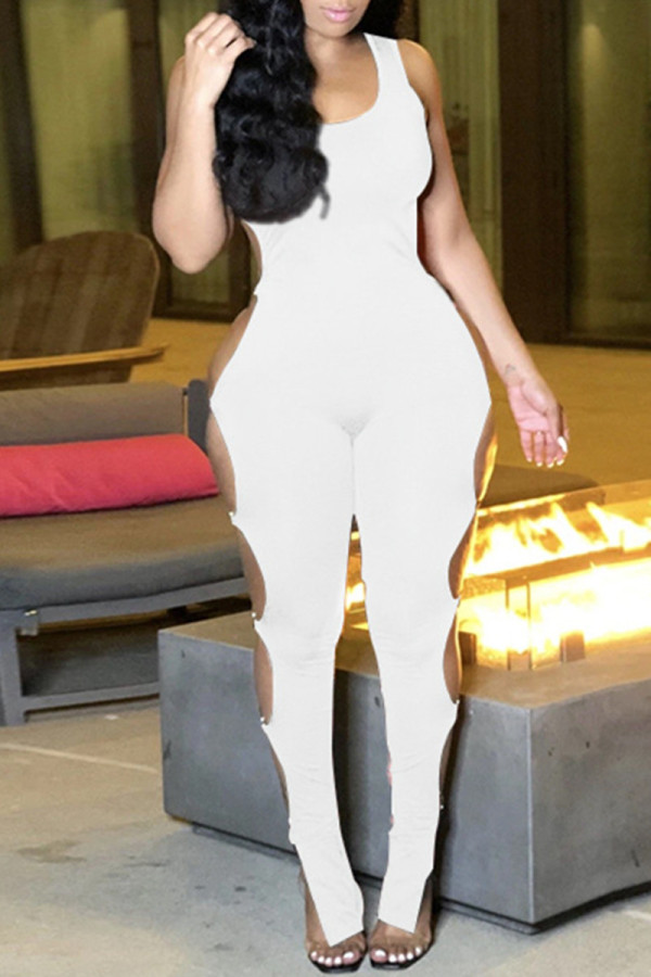 White Fashion Sexy Solid Hollowed Out O Neck Skinny Jumpsuits