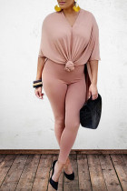 Pink Polyester Sexy V Neck Solid Plus Size