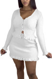 White Fashion Casual adult Ma'am Solid Two Piece Suits A-line skirt Long Sleeve Two Pieces