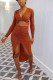 Tangerine Fashion Polyester Solid Hollowed Out Slit V Neck Long Sleeve Regular Sleeve Short Two Pieces