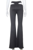 Black Sexy Casual Solid Without Belt Regular High Waist Speaker Trousers