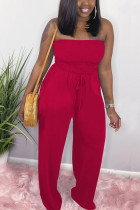 Red Fashion Casual Solid Polyester Sleeveless Wrapped Jumpsuits