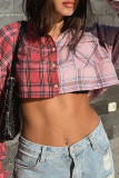 Pink Casual Plaid Patchwork Turndown Collar Mid Waist Tops