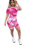Blue Polyester Fashion Active adult Ma'am Patchwork Print Camouflage Two Piece Suits Straight Short Sleeve Two Pieces