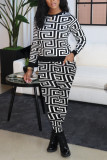 White Fashion Casual Print Split Joint O Neck Long Sleeve Two Pieces