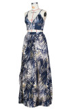 Red Fashion Sexy Print Backless Slit V Neck Sleeveless Two Pieces