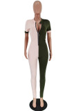 Green Fashion Sexy zipper Patchwork Solid Short Sleeve V Neck Jumpsuits