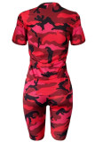 Red Sexy Patchwork Gradient Print Two Piece Suits Camouflage pencil Short Sleeve