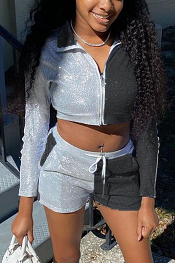 Black Fashion Sexy Solid Patchwork Turndown Collar Long Sleeve Two Pieces