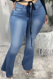 Dark Blue Daily Solid Bandage Buttons Mid Waist Boot Cut Denim