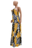 Blue Cotton Fashion Casual adult Red Blue Yellow Spaghetti Strap Sleeveless V Neck Swagger Floor-Length Print Patchwork Dresses