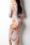 Orange Sexy Milk Fiber Print O Neck Long Sleeve Ankle Length Pencil Skirt Dresses