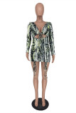 Light Green Fashion Sexy Print Strap Design V Neck Long Sleeve Dresses