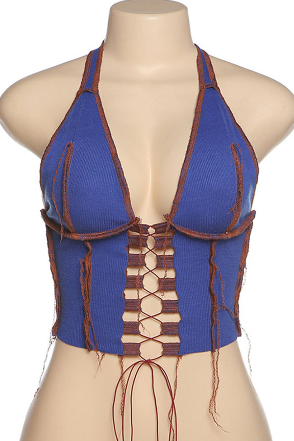 Blue V Neck Sleeveless contrast color HOLLOWED OUT Tops
