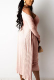 Pink Street Spaghetti Strap Long Sleeves O neck Sheath Mini Solid Dresses