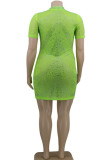 Fluorescent green knitting Fashion Lightly cooked O Neck Patchwork Solid Stitching Rhinestone Plus Size 