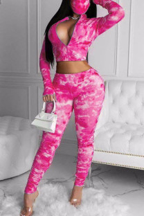 Pink Polyester Fashion Print Tie Dye pencil Long Sleeve Two Pieces