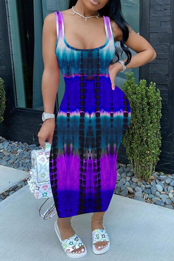 Blue Sexy Print Patchwork U Neck Pencil Skirt Dresses