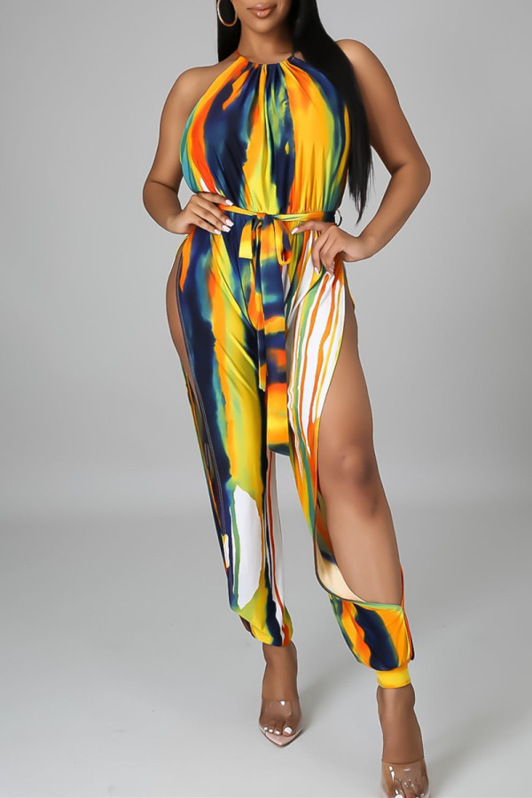 Yellow Fashion Sexy Print Tie Dye Slit O Neck Regular Jumpsuits