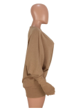 Khaki Casual Solid Patchwork O Neck Tops