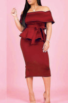 Wine Red Polyester Casual Fashion Off The Shoulder Sleeveless One word collar Asymmetrical Mid-Calf asymmetri