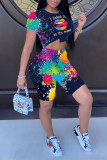 White Fashion Casual Print Basic O Neck Short Sleeve Two Pieces