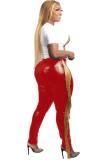 Red PU Zipper Fly Sleeveless Mid Tassel Solid Patchwork pencil Pants Pants