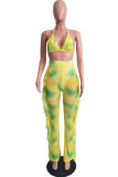Yellow Polyester Fashion Sexy Print Patchwork Stringy selvedge Straight Sleeveless Two-piece Pants Set