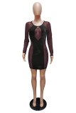 Color Blue Work Daily Solid Hollowed Out Patchwork See-through Pencil Skirt Dresses
