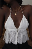 White Sexy Solid Tassel Backless With Bow Spaghetti Strap Tops