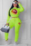 Fluorescent green Polyester OL Two Piece Suits Print pencil Long Sleeve Two-piece Pants Set
