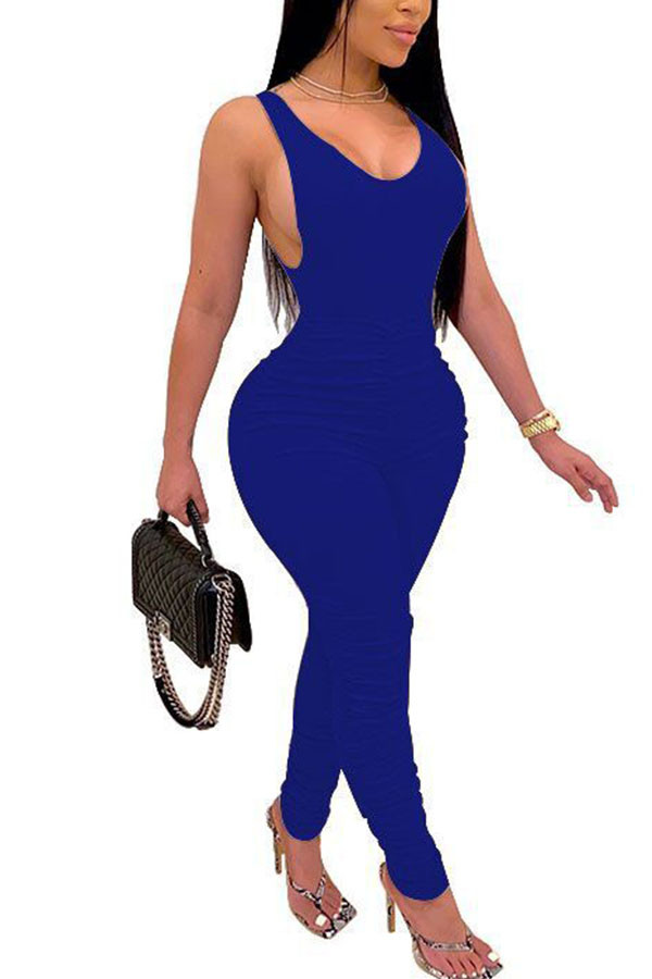 Blue Fashion Sexy adult Ma'am Solid Two Piece Suits pencil Sleeveless Two Pieces