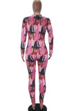 Pink Fashion Adult Living Polyester Print Letter V Neck Skinny Jumpsuits