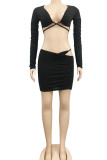 Black Sexy Solid Patchwork V Neck Short Two Pieces