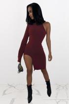 Wine Red Fashion adult Street One Shoulder Long Sleeves one shoulder collar Step Skirt Knee-Length