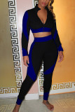 Royal blue Casual Solid Patchwork O Neck Long Sleeve Regular Sleeve Short Two Pieces