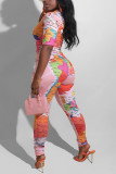 Red Casual Print Patchwork Tie-dye O Neck Regular Jumpsuits