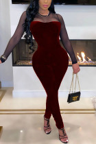Wine Red Sexy Solid Split Joint See-through O Neck Regular Jumpsuits