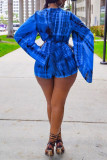 Blue Fashion Casual Print Basic V Neck Regular Long Sleeve Romper