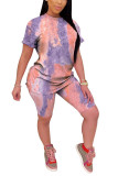Blue Polyester Fashion Casual adult Patchwork Print Tie Dye Two Piece Suits Straight Short Sleeve Two Pieces