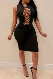 Black Sexy Print Draw String O Neck Pencil Skirt Dresses