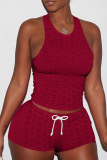 Burgundy Sexy Solid Backless O Neck Sleeveless Two Pieces