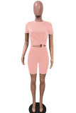 Coral powder Fashion Sexy adult Ma'am Patchwork Solid Two Piece Suits pencil Short Sleeve Two Pieces