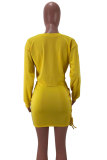 Yellow Sexy Fashion Cap Sleeve Long Sleeves O neck Hip skirt skirt Character Two Piece Dresses