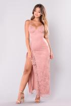 Pink Polyester Fashion adult Sexy Spaghetti Strap Sleeveless V Neck Slim Dress Ankle-Length Patchwork spl